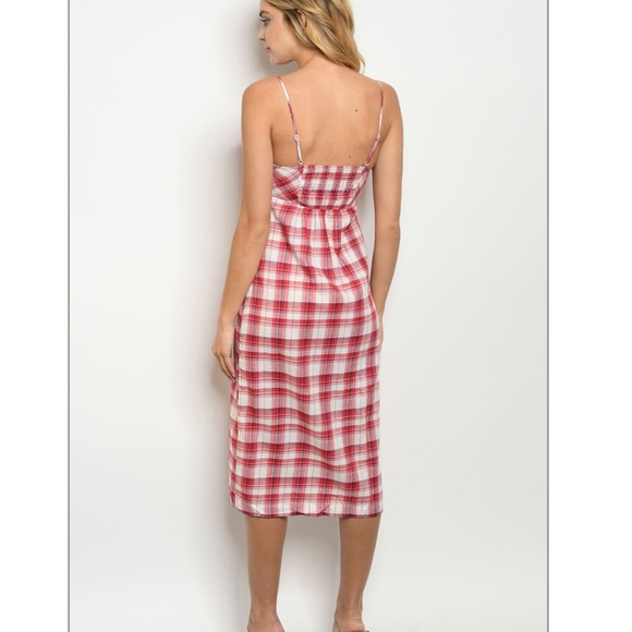 Side button Side Split knee length Plaid Dress - Picture 3 of 4